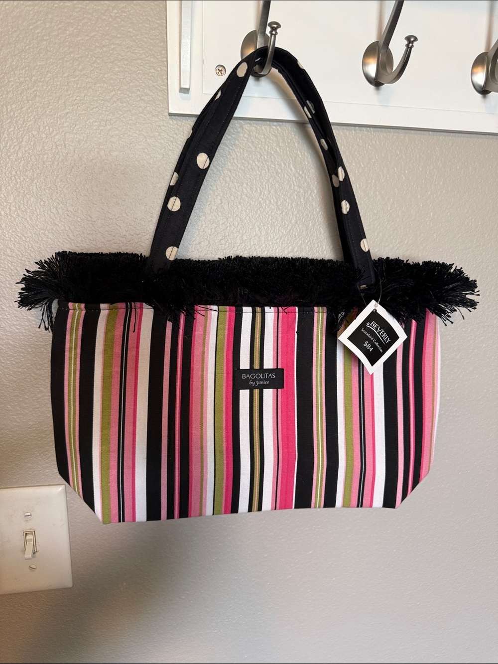 Striped Pink & Black Fringe Tote